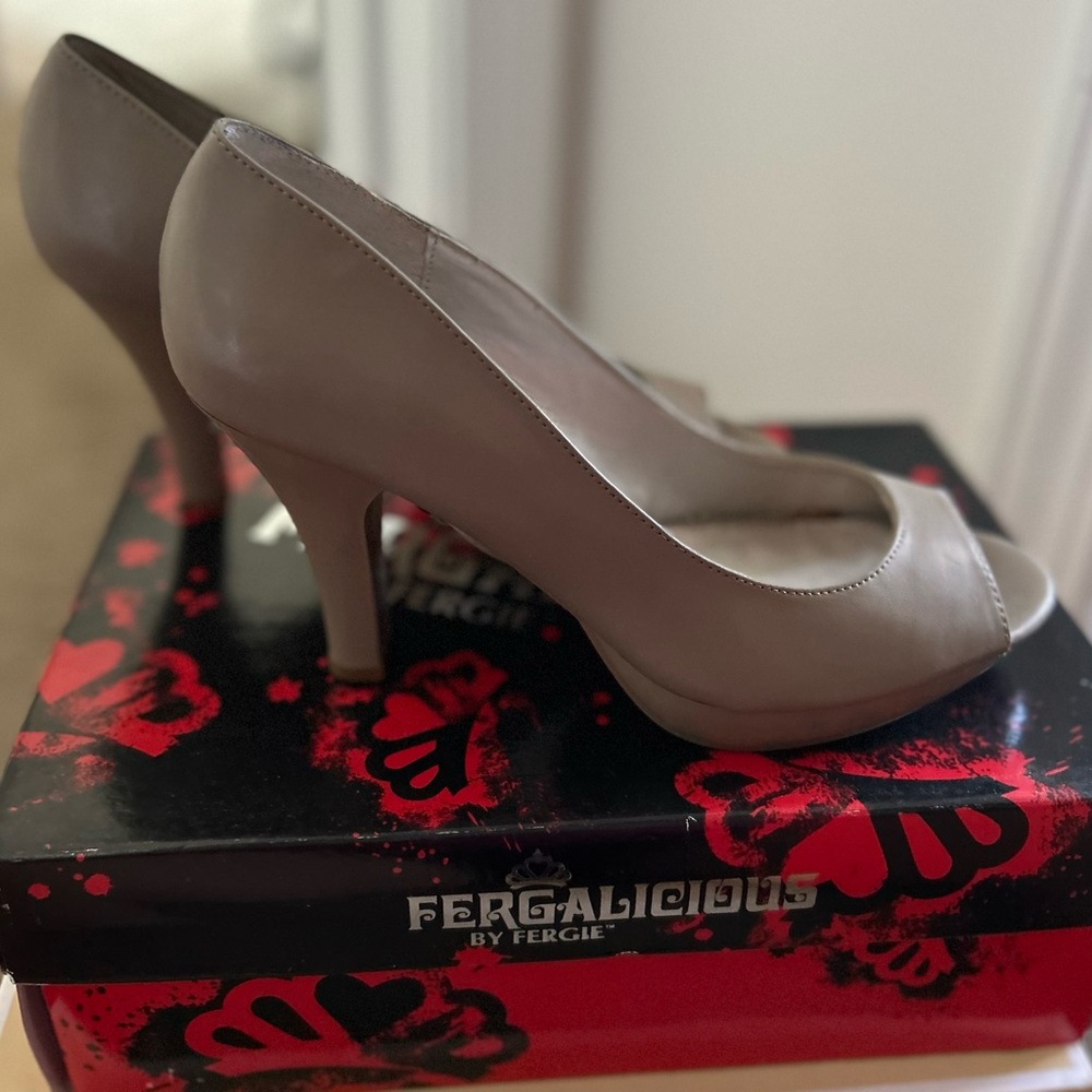 Fergalicious Women's Beige Peep-Toe Heels